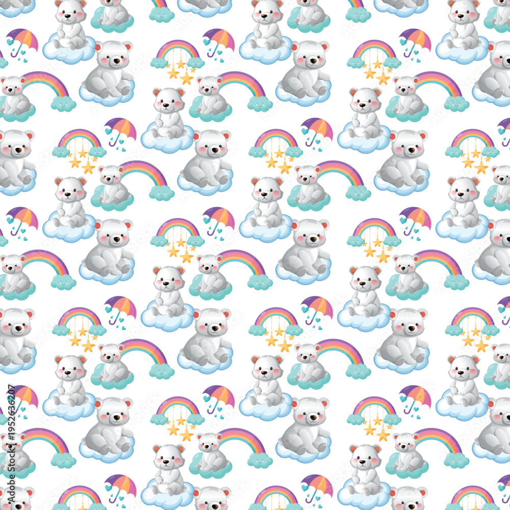 Obraz premium Cute Baby Bear Seamless Pattern with Rainbow Clouds and Stars