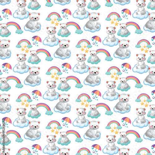 Cute Baby Bear Seamless Pattern with Rainbow Clouds and Stars
