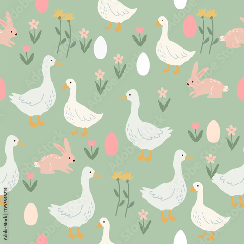Cute easter geese and bunnies in a spring meadow with eggs