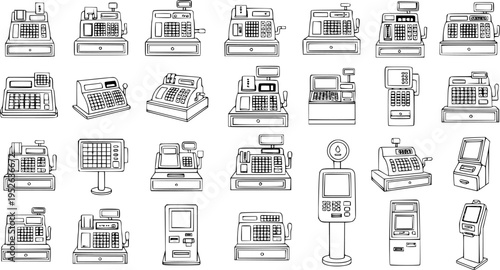 Cash Registers and Self-Service Kiosks Line Art Collection: Vintage to Modern Payment Machines