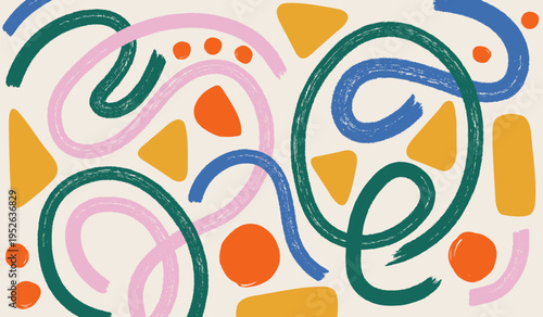 Abstract hand-drawn background with colorful brush strokes and organic shapes