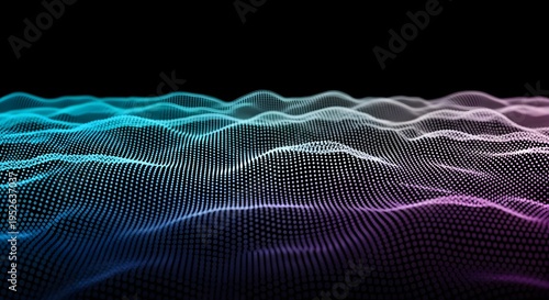 Abstract digital waveform rendered with glowing particles in blue and purple hues