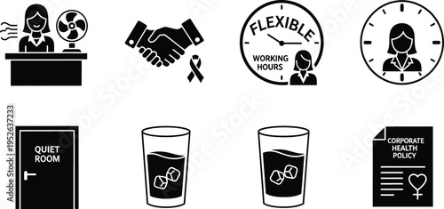 Corporate Menopause Support and Women's Health Policy Icon Set for Workplace Wellness, Flexible Working Hours, Office Environment Comfort, and HR Diversity Inclusion Programs - EPS Vector