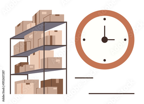 Logistics, inventory management, time tracking, productivity, storage solutions, supply chain. Shelves filled with boxes next to a wall clock. Logistics and inventory management concept