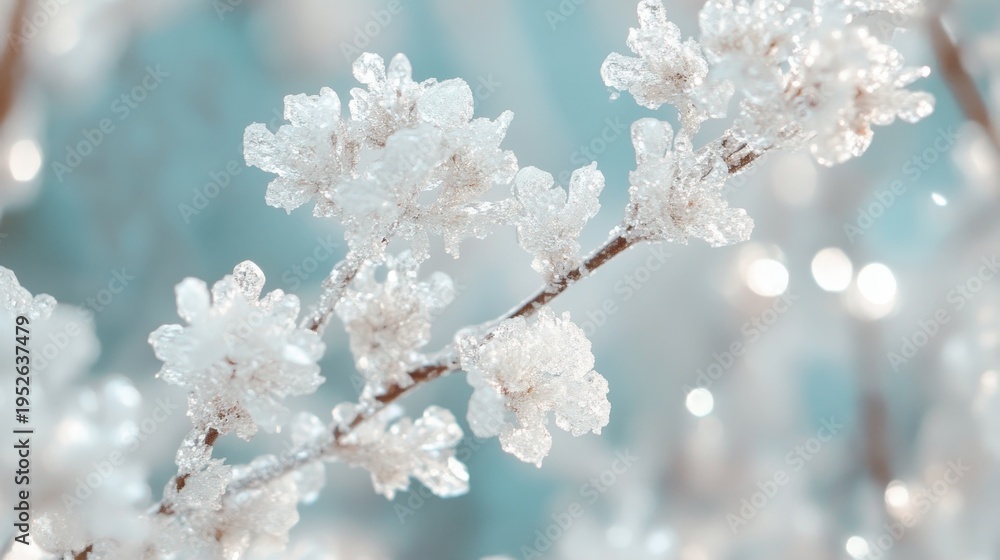 Naklejka premium Delicate frost-covered branch against soft-focus background with glimmering bokeh highlights