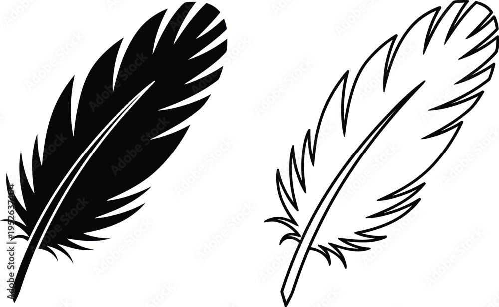 Fototapeta premium Black and White Feather Silhouette Icon Set Vector