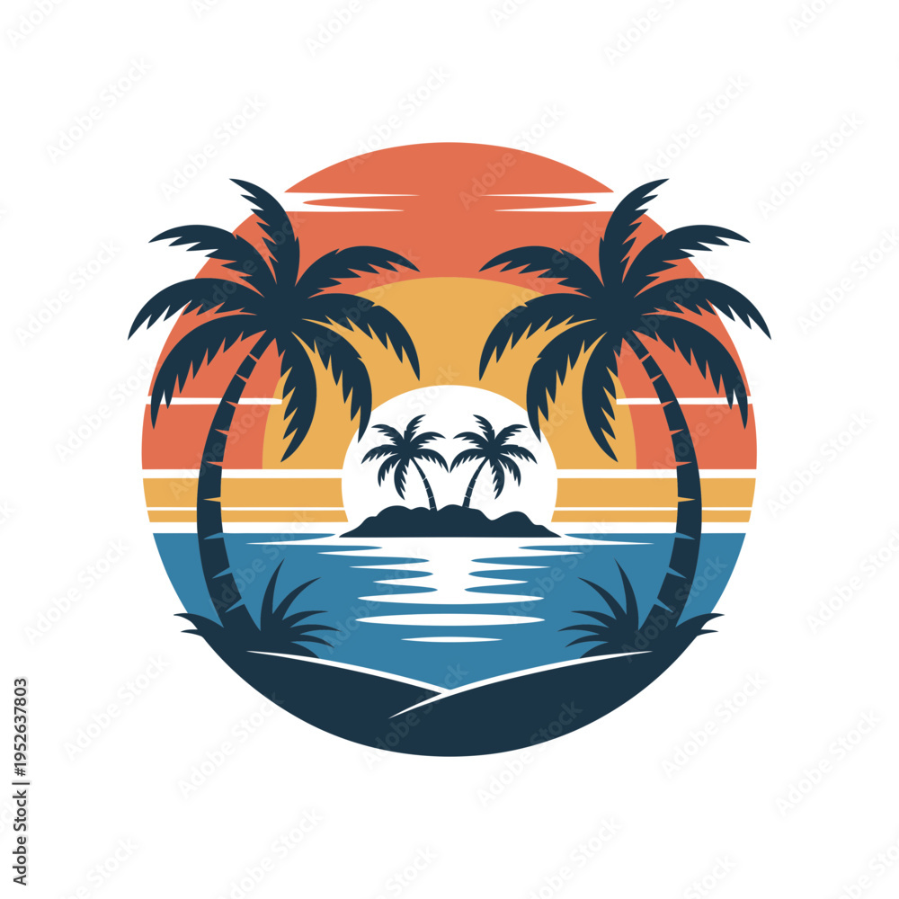 Fototapeta premium Palm tree icon with sunset and ocean view in a circular illustration