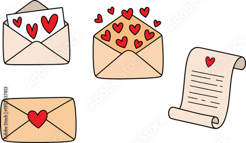 Love letter envelope icons with hearts, romantic communication illustration for Valentine’s Day affection design graphics