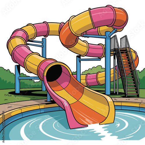 A colorful water slide illustration with a pool and playground equipment