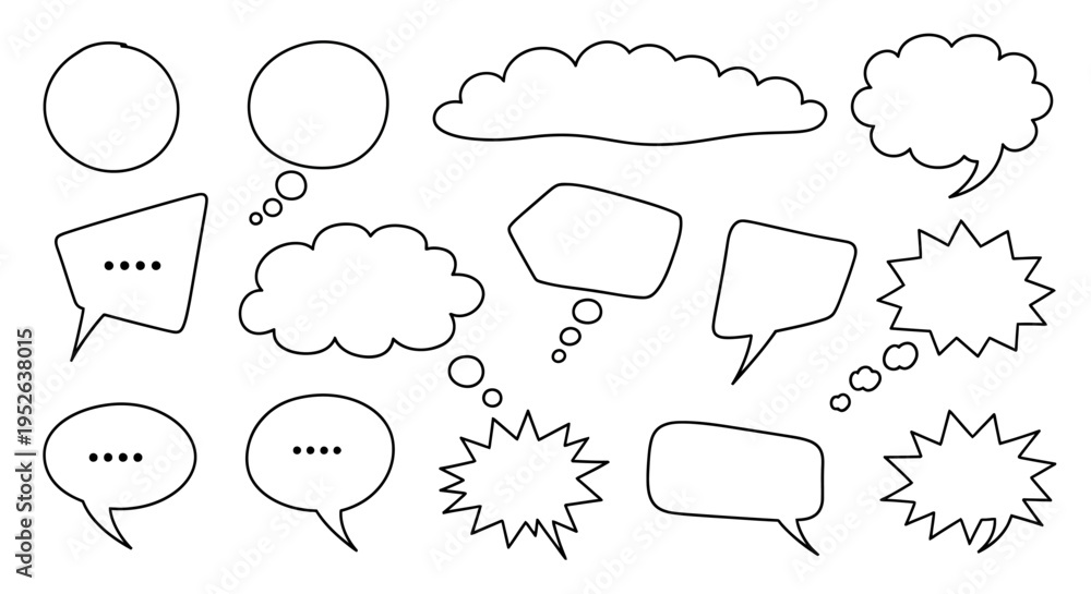Fototapeta premium Collection of Hand-Drawn Speech Bubbles and Thought Clouds in Various Shapes and Styles