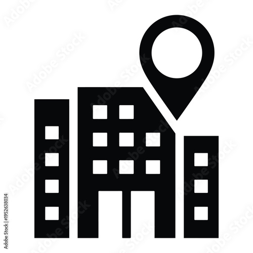 Building with location pin icon. black map marker pointer over office or apartment blocks