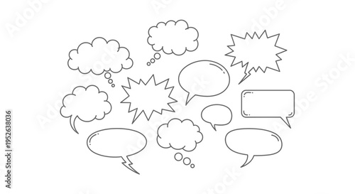 Collection of Hand-Drawn Speech Bubbles and Thought Clouds on White Background