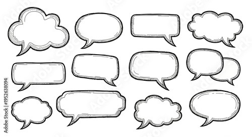 Collection of Hand-Drawn Speech Bubbles and Thought Clouds in Black and White