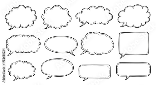Set of Hand-Drawn Speech Bubbles and Thought Clouds in Black and White