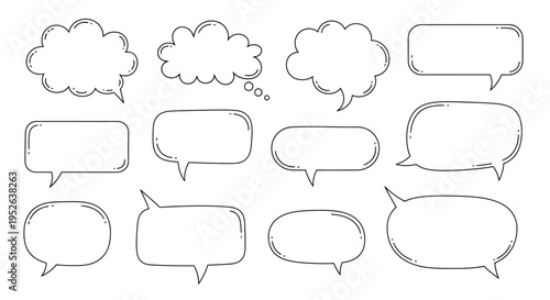 Hand-drawn speech bubbles and thought clouds, diverse shapes and styles, isolated on white background.
