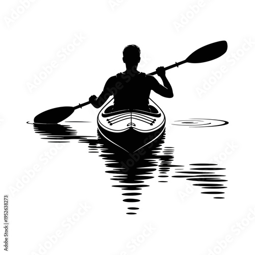 A kayak silhouette illustration of a man paddling on calm water