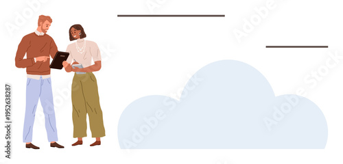 Tech collaboration, cloud computing, teamwork, digital communication, project discussion, data sharing. Two people working together with a tablet next to a cloud symbol. Tech collaboration and cloud