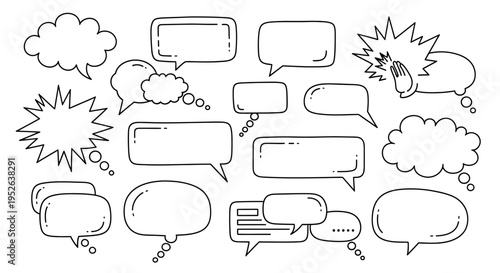 Hand-drawn speech bubbles collection, comic style, communication, thoughts, ideas, dialogue, empty text boxes.
