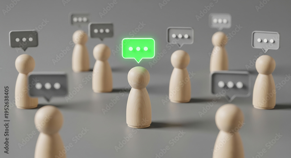 Obraz premium Wooden figures with speech bubbles and glowing green one perfect for business communication and clear team feedback