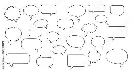 Collection of speech bubbles and thought clouds, diverse shapes and styles, isolated on white background.