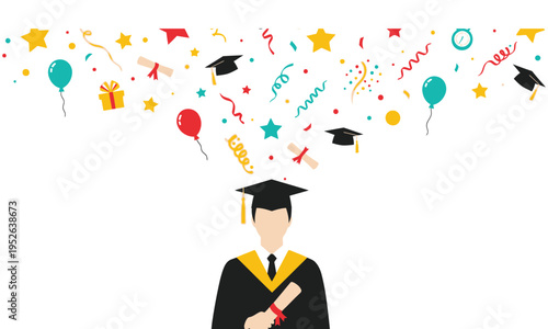Graduation celebration with confetti and balloons, a student in academic regalia