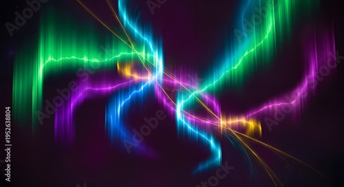 Vibrant abstract streaks of green purple and blue light swirl dynamically against a dark background