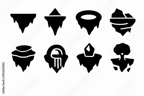 Floating Islands Icons. Dreamlike floating islands. Filled icon set of dreamlike floating islands: hovering