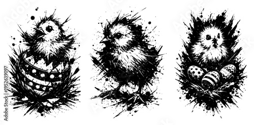 Easter chick hatching from egg and small bird characters in expressive ink style