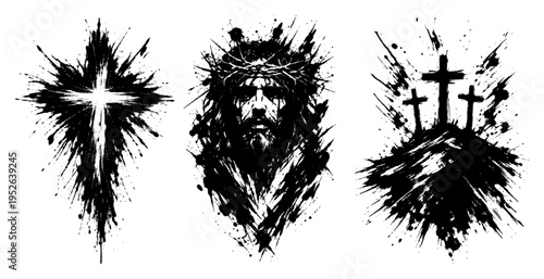 Christian religious symbols set with Jesus face and crosses in ink splatter style
