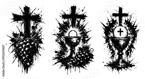 Holy communion symbols including chalice and grapes in dark ink splash style
