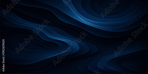 A futuristic digital illustration featuring an abstract dark blue fractal wave pattern with glowing light lines and motion curves on a black space background for a modern wallpaper design