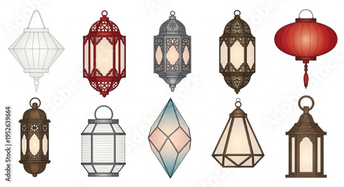 Collection of various decorative lanterns, including Moroccan, Chinese, and geometric styles, illuminating spaces with traditional and modern aesthetics