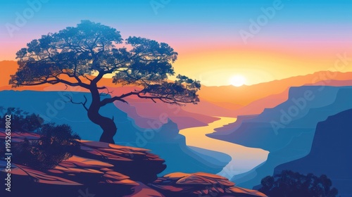 Vibrant sunset over canyon with silhouetted tree, colorful sky, and winding river below