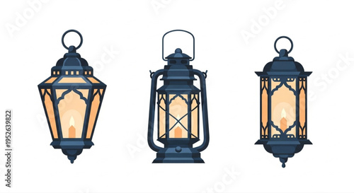A charming collection of three distinct vintage-style lanterns, each casting a warm, ambient glow from a lit candle, ideal for enhancing festive decor and creating a serene atmosphere