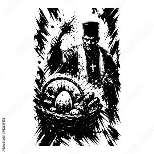 Priest blessing traditional easter basket with holy water in ink splatter style