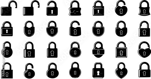 Collection of 49 Black Padlock Icons: Open, Closed, Heart, and Classic Designs