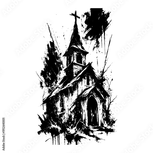 Wooden church building with steeple and cross in artistic grunge ink style