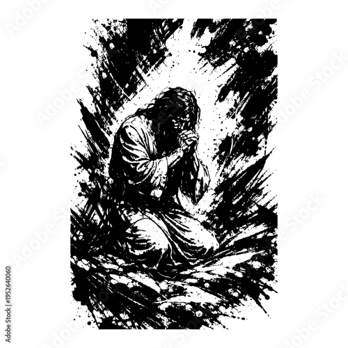 Jesus Christ kneeling in prayer with intense light in dramatic grunge ink style