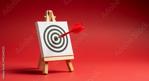 Center hit target on wooden easel against red background perfect for business marketing success and accurate competitive strategy