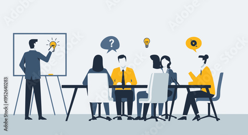 Flat Minimal Vector Illustration of Business Meeting Brainstorming Session
