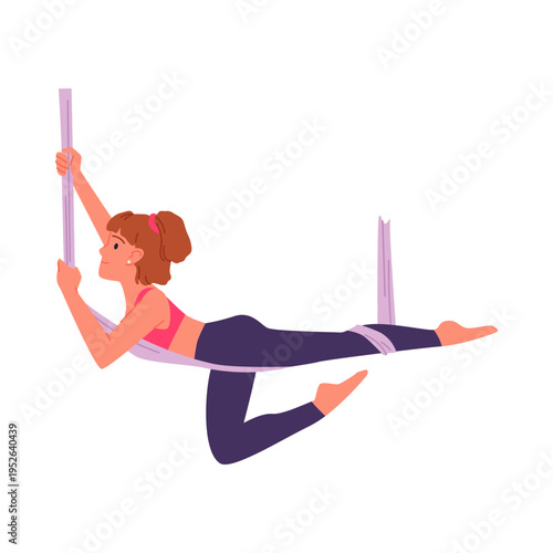 Young woman performing aerial yoga exercise using hammock, demonstrating flexibility and balance, fitness and wellness activity isolated on white background vector illustration