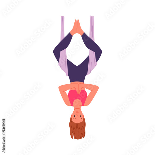 Young woman performing aerial fly yoga upside down on white isolated background vector illustration