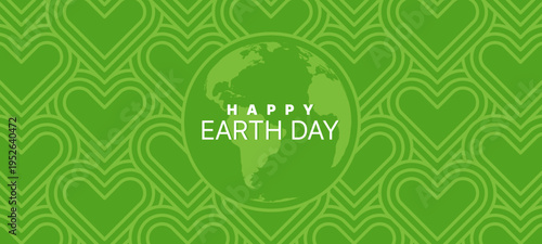 Earth day vector graphic illustration featuring a globe icon and heart pattern background. Eco friendly concept for global environmental awareness celebration and nature conservation.