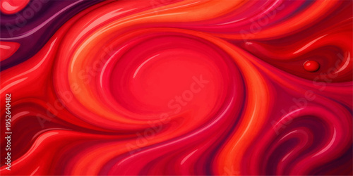 A smooth red silk background features soft flowing waves and a liquid satin texture with elegant swirls of light and pink color patterns for a modern abstract fabric wallpaper design