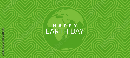 Green vector Earth Day illustration with globe silhouette and heart pattern background. Environment protection concept for greeting card and social media post during ecological celebration.