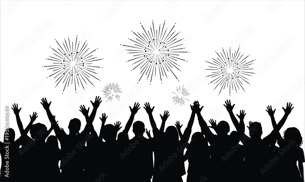 Fototapeta premium Silhouette of a crowd of people celebrating with fireworks isolated on white background