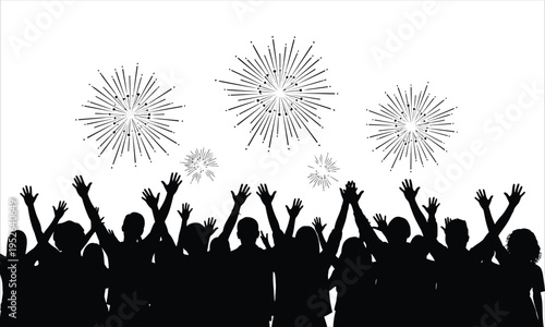 Silhouette of a crowd of people celebrating with fireworks isolated on white background