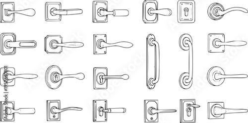Detailed black and white sketch collection of various door handles, levers, and pull handles in diverse styles for architectural design