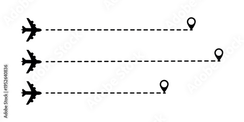 Airplane routes. Travel vector icon. Travel from start point and dotted line tracing. Vector illustration set