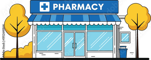 Flat design illustration of neighborhood pharmacy building